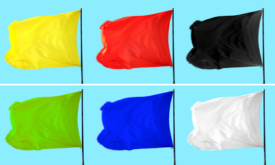 Conceptual image of waving blank colorful flags in a row isolated over blue background