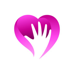 hand inside heart shape logo vector, charity/foundation symbol, love and care logo