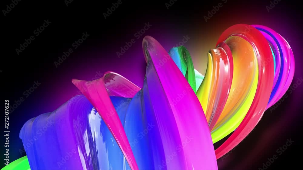 Poster 3d animation stream of colored ribbons fly on black background with neon light. rainbow gradient on 