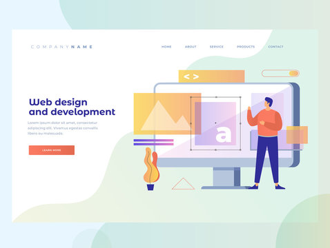 A man stands in front of the monitor screen. Concept of web design and website development. Homepage.Title for website. Landing Page. Vector illustration for web.