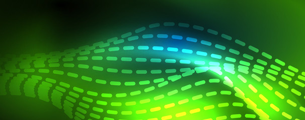 Obraz premium Smooth wave lines on blue neon color light background. Glowing abstract wave on dark, shiny motion, magic space light