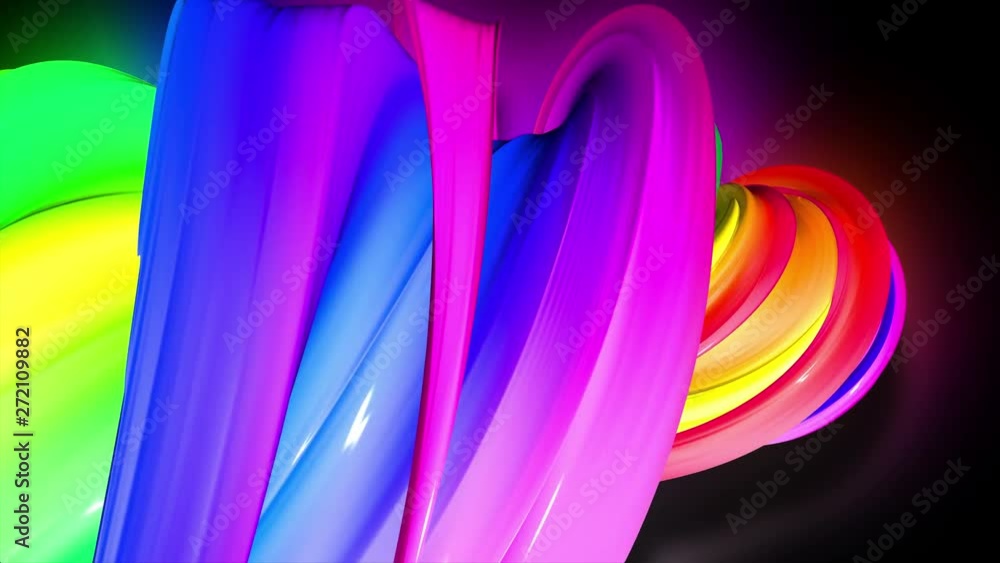 Poster 3d animation stream of colored ribbons fly on black background with neon light. rainbow gradient on 