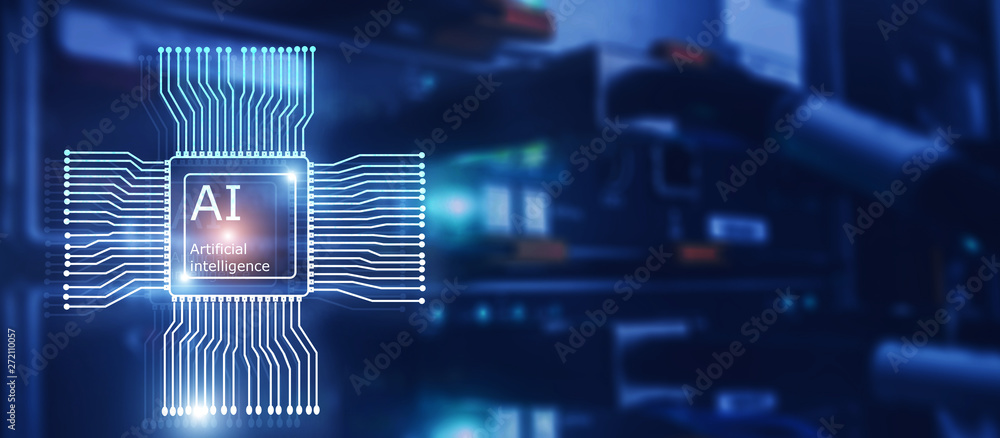 Poster artificial intelligence future technology. communication network concept. blurred modern datacenter 