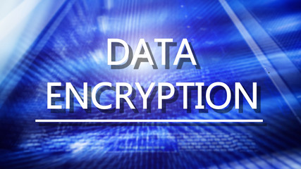 Protection concept: Data Encryption on digital supercomputer background.
