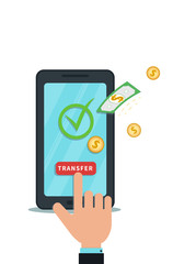 Money transfer, receive with mobile app. Successful bank transaction. Digital wallet. Flat smartphone with check mark and hand finger click transfer button. Concept of online payment system, cashback