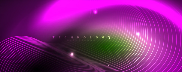 Shiny neon lines template - northern lights glowing blur lines. Futuristic style glow neon 80s disco club or night party techno template