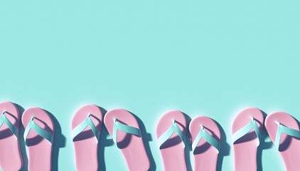 Pink Slippers with Shadow on light blue Background Flat Lay Top View