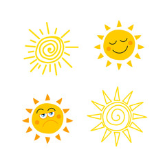 Set of cute doodle sun icon vector illustration for summer concept