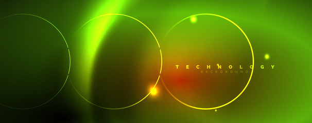 Bright neon circles and wave lines, glowing shiny background design template, digital techno concept.
