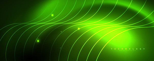 Shiny neon lines template - northern lights glowing blur lines. Futuristic style glow neon 80s disco club or night party techno template