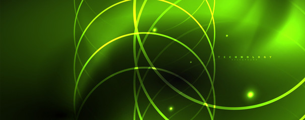 Dark abstract background with bright color neon lights and lines. Glowing background