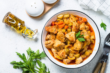 Chicken stew with vegetables, top view.