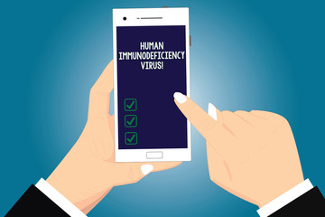 Text sign showing Huanalysis Immunodeficiency Virus. Conceptual photo virus in huanalysis blood that weakens immune system Hu analysis Hands Holding Pointing Touching Smartphone Blank Color Screen