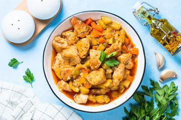 Chicken stew with vegetables, top view.