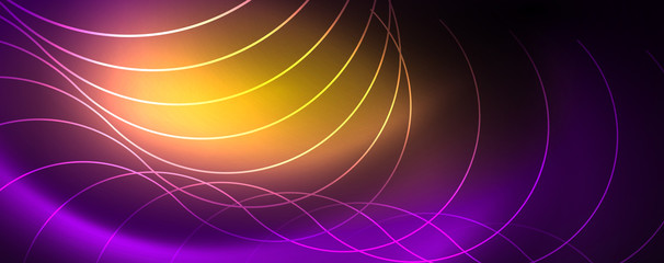 Shiny neon lights, dark abstract background with blurred magic neon light curved lines