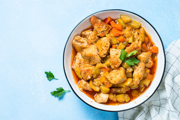 Chicken stew with vegetables, top view.