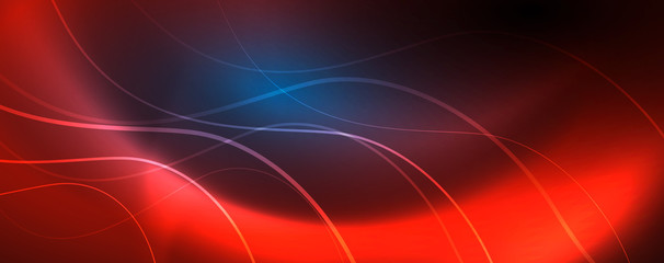 Trendy neon blue abstract design with waves and circles. Neon light glowing effect. Abstract digital background.