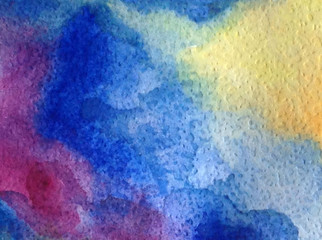 Watercolor abstract bright colorful textural background handmade . Painting of sky and clouds during sunset . Modern cosmic pattern . Shine