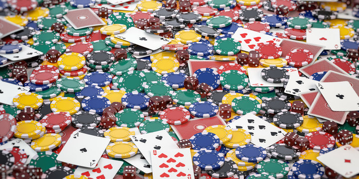 Casino chips, dice and poker cards background.