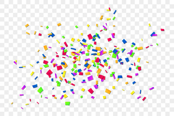 Falling confetti isolated white transparent background. Abstract design element festive party, Christmas holiday, New Year celebration. Bright birthday decoration, paper tinsel. Vector illustration