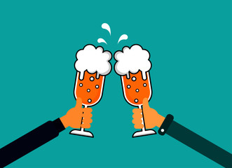 two hands holding a beer glass. drink beer with friend Isolated on blue background. Vector Illustration.