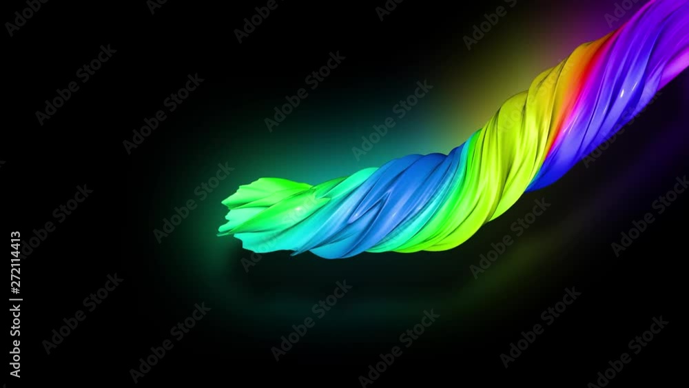 Poster 3d animation stream of colored ribbons fly on black background with neon light. rainbow gradient on 