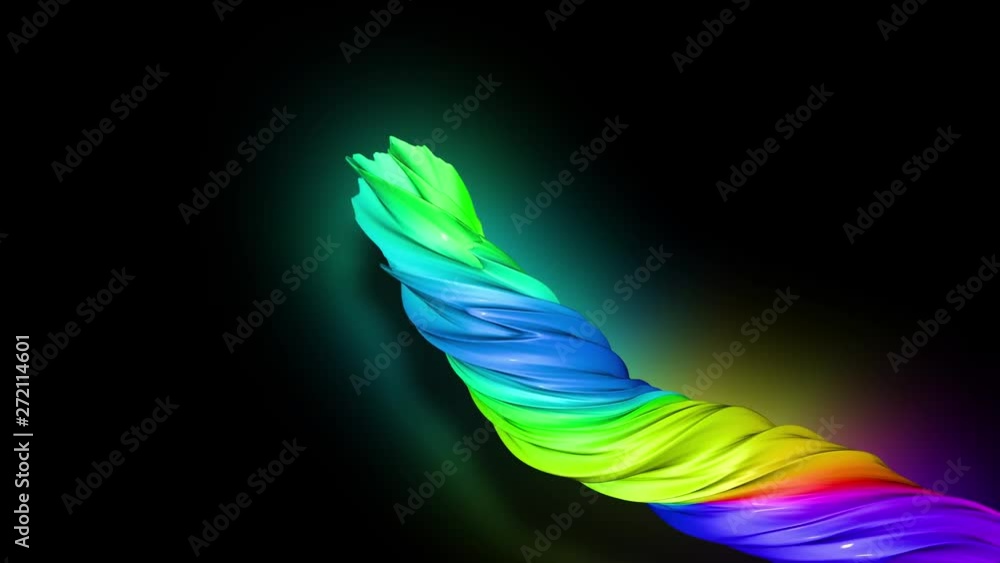 Poster 3d animation stream of colored ribbons fly on black background with neon light. rainbow gradient on 