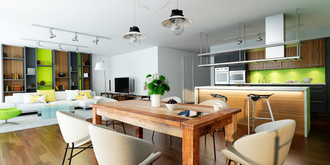 Modern house living room kitchen interior. 3D rendering.