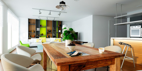 Modern house living room kitchen interior. 3D rendering.