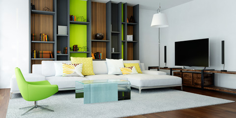 Modern house living room kitchen interior. 3D rendering.