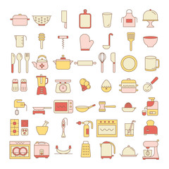 52 icons set of kitchenware, home appliance symbol, sign, flat design, design element, kitchen tools,  business