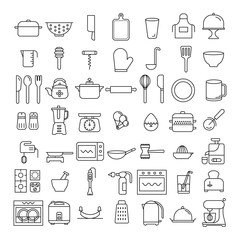52 icons set of kitchenware, home appliance symbol, sign, flat design, thin line design element, kitchen tools,  business