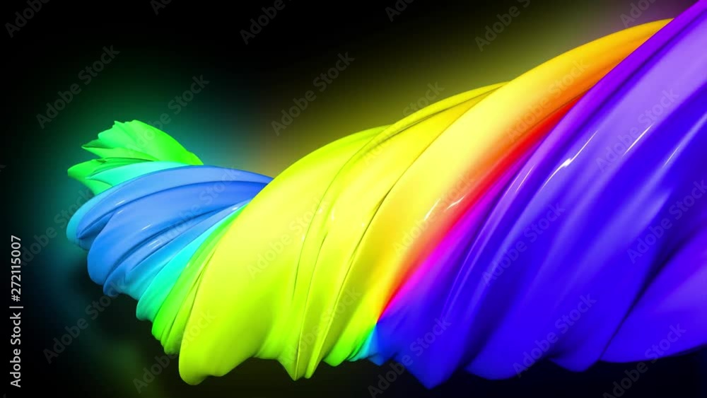 Poster 3d animation stream of colored ribbons fly on black background with neon light. rainbow gradient on 