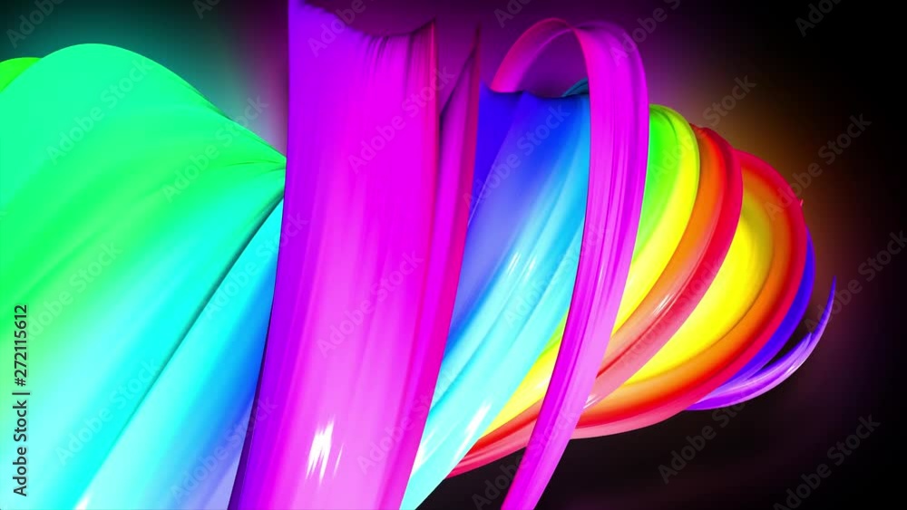 Poster 3d animation stream of colored ribbons fly on black background with neon light. rainbow gradient on 