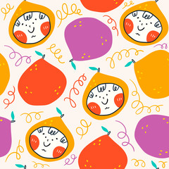 Hand drawn colorful pears and little boy's faces. Vector seamless pattern. Colored trendy illustration for kids. Cartoon style. Flat design. Children's drawings style