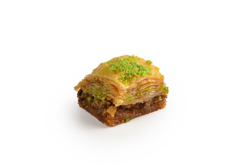 Pistachio baklava on a white background. Dessert.