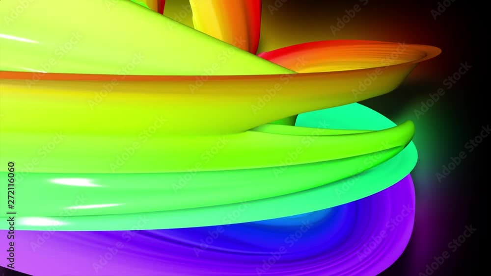 Poster 3d animation stream of colored ribbons fly on black background with neon light. rainbow gradient on 