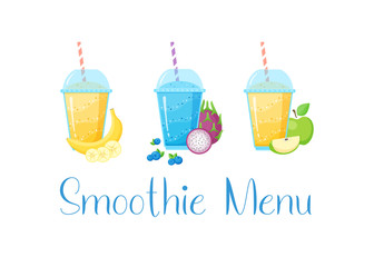 Smoothie vitamin drink set vector illustration. Fresh vegetarian smoothies drink with colorful layers in glass, raw fruit and sign Smoothie Menu isolated on white background for fitness landing page