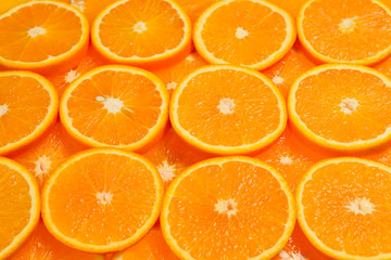 Slices of oranges as a background, top view.