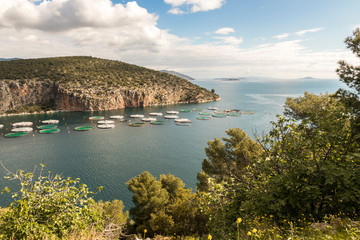 Sofiko, Greece. The fish farms sea bream and sea bass of Selonda Aquaculture at Selonda Bay