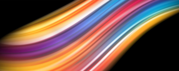 Abstract wave lines fluid rainbow style color stripes on black background. Artistic illustration for presentation, app wallpaper, banner or poster