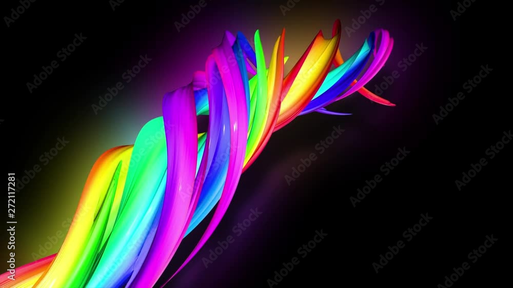 Poster 3d animation stream of colored ribbons fly on black background with neon light. rainbow gradient on 