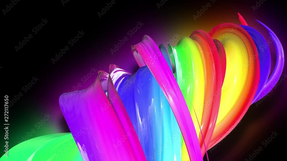 Poster 3d animation stream of colored ribbons fly on black background with neon light. rainbow gradient on 