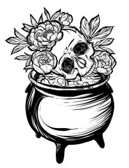 Vector illustration. Halloween. The Witch's Cauldron, Skull with peonies. Handmade, prints on T-shirts, background white, tattoos