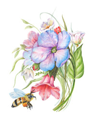 bouquet of pink and blue flowers with beautiful leaves and a bee