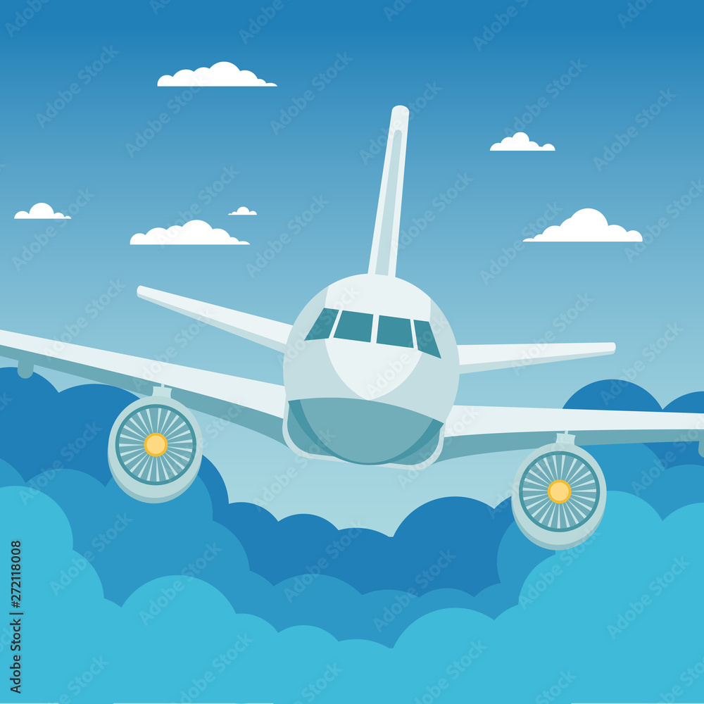 Wall mural airplane flying over the clouds. flat vector illustration