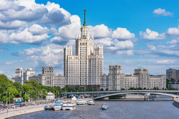 Retro skyscraper on Kotelnicheskaya embankment by Moscow river at summer day time. Moscow. Russia.