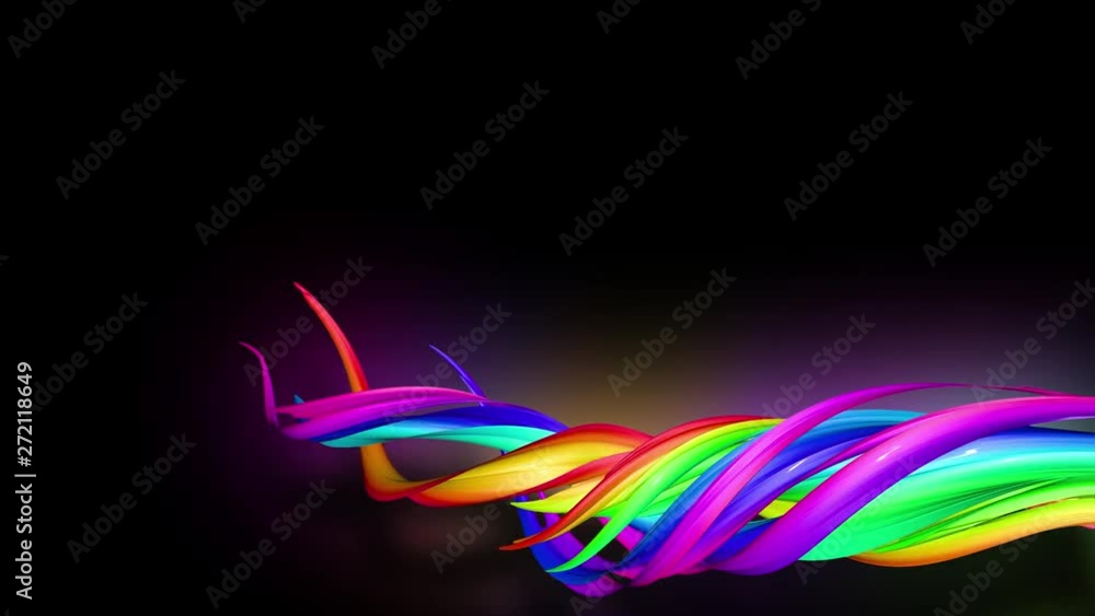 Poster 3d animation stream of colored ribbons fly on black background with neon light. rainbow gradient on 