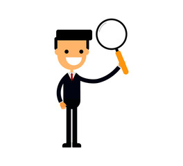 businessman hand holding a magnifying glass. search for employees and job concept. Isolated on white background. Vector Illustration.