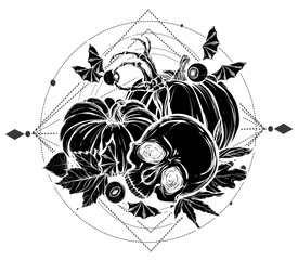 Halloween. Vector illustration. Skull, leaves, pumpkin. Handmade, prints on T-shirts, background white, tattoos.sacred geometry. black color